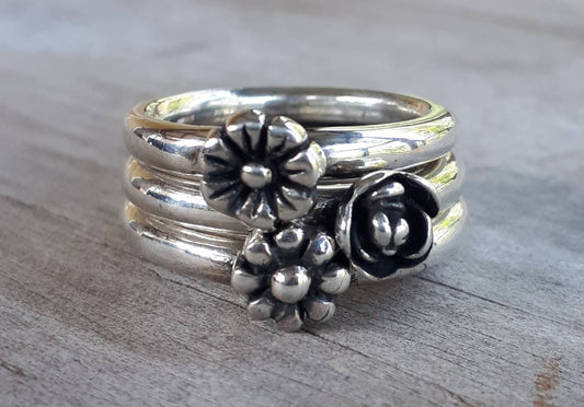 stacker rings,sterling silver,3 set,flower ring,rose ring,chunky band,handmade,boho,goddess,round wedding bands,thick silver rings,vintage,