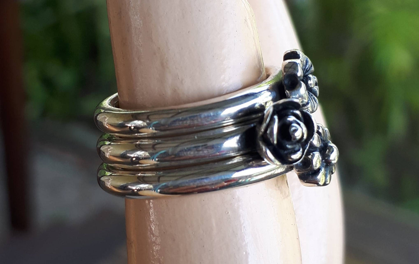 stacker rings,sterling silver,3 set,flower ring,rose ring,chunky band,handmade,boho,goddess,round wedding bands,thick silver rings,vintage,