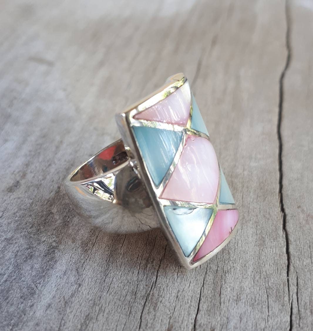 Long ring,inlay,sterling silver, mother of pearl inlay,boho, goddess ring,new age,shell ring,mosaic,chunky ring,gypsy,large silver ring,