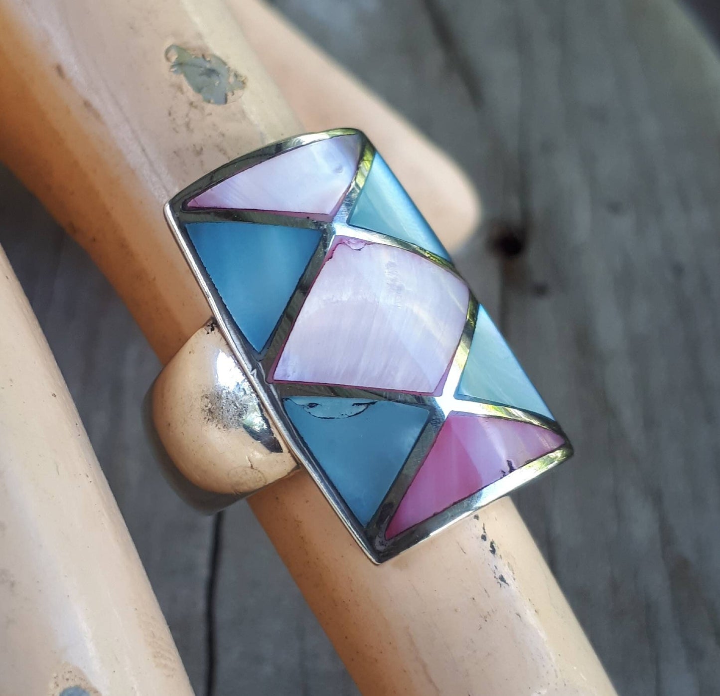 Long ring,inlay,sterling silver, mother of pearl inlay,boho, goddess ring,new age,shell ring,mosaic,chunky ring,gypsy,large silver ring,