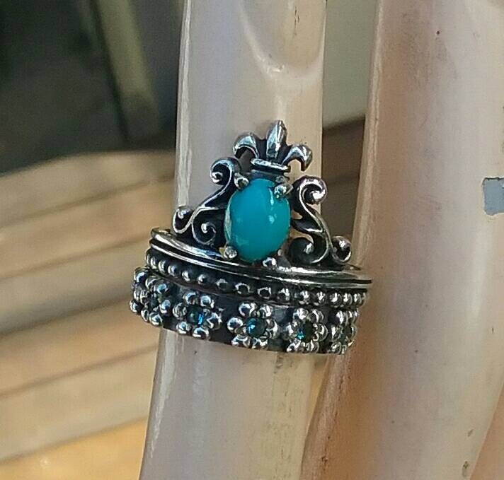 Turquoise ring,vintage scroll,sterling silver,fluer d lil crown,steampunk,art nouveau,long ring, victorian,boho,gypsy,handmade,crystal