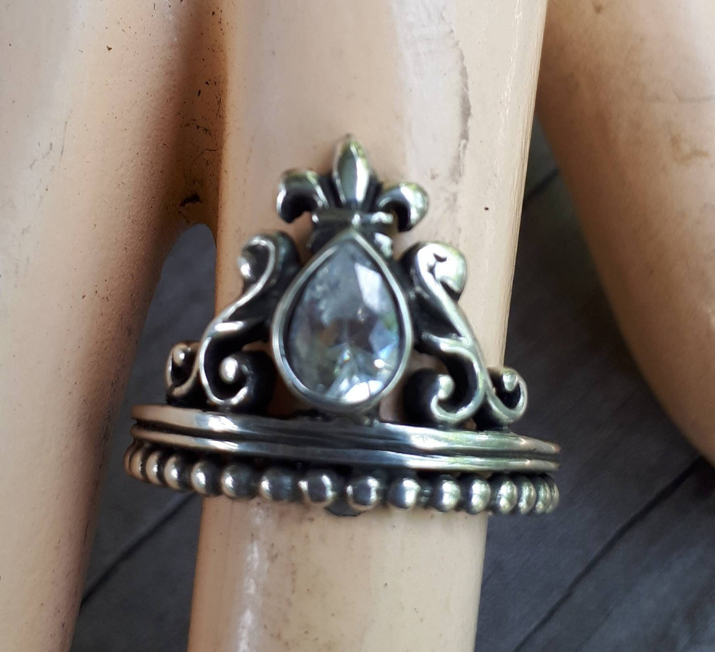 Crown ring,vintage scroll,sterling silver,cubic zirconia,art nouveau,long ring, white cz, victorian,boho,gypsy,handmade,grunge,crystal