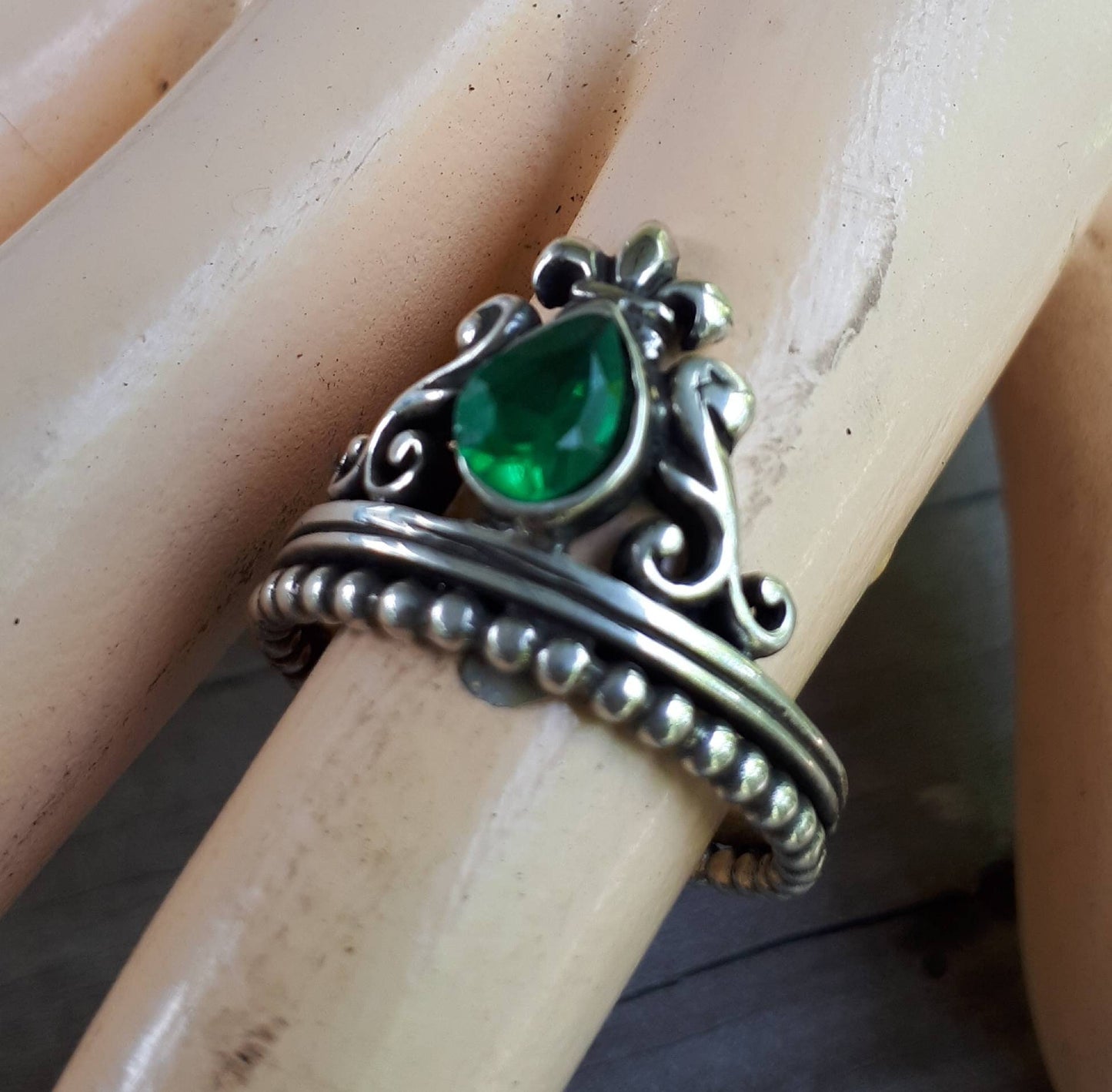 Crown ring,vintage scroll,sterling silver,cubic zirconia,art nouveau,long ring,green cz, victorian,boho,gypsy,handmade,crystal