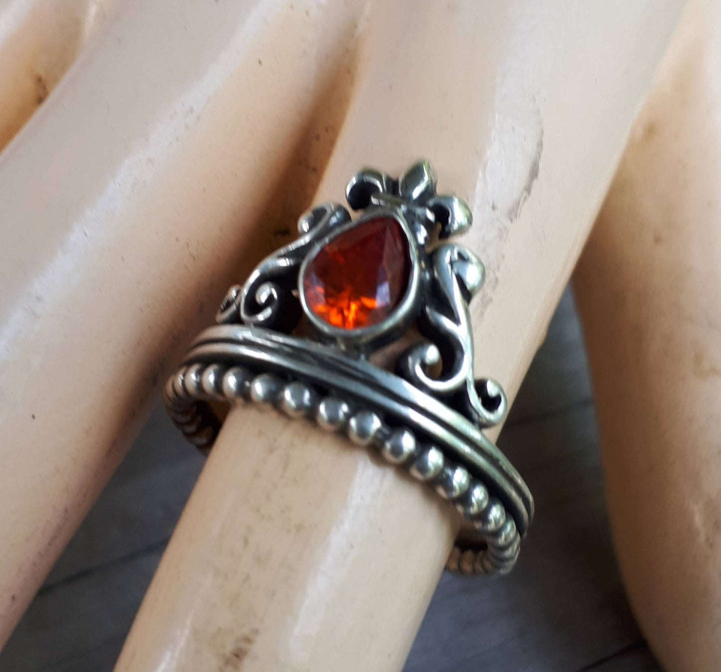 Crown ring,vintage scroll,sterling silver,cubic zirconia,art nouveau,long ring, white cz,new age,goddess,boho,gypsy,handmade,crystal,