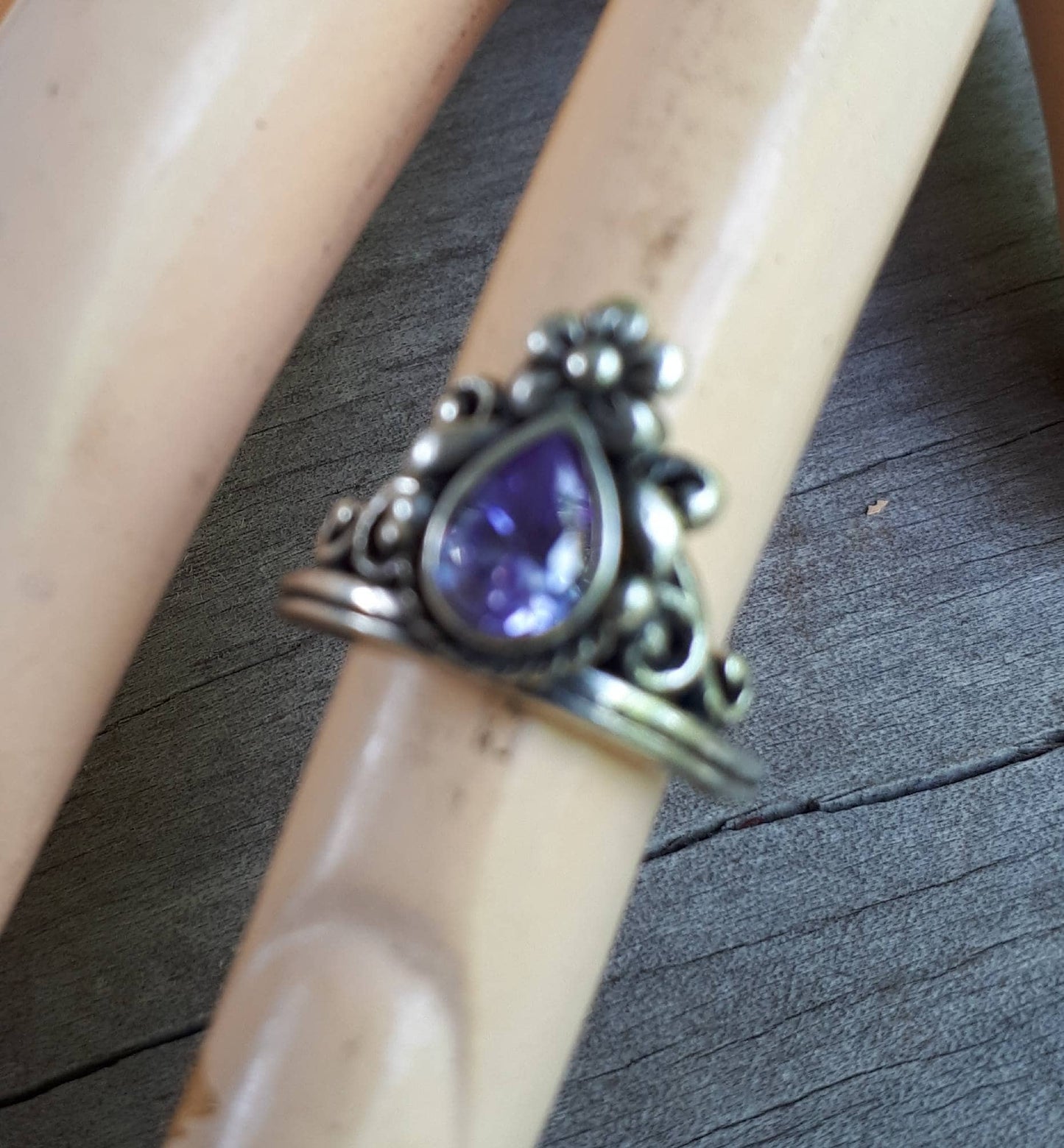 Flower ring,vintage scroll,sterling silver,purple cubic zirconia,art nouveau,long ring,lavender cz, victorian,boho,gypsy,handmade,crystal