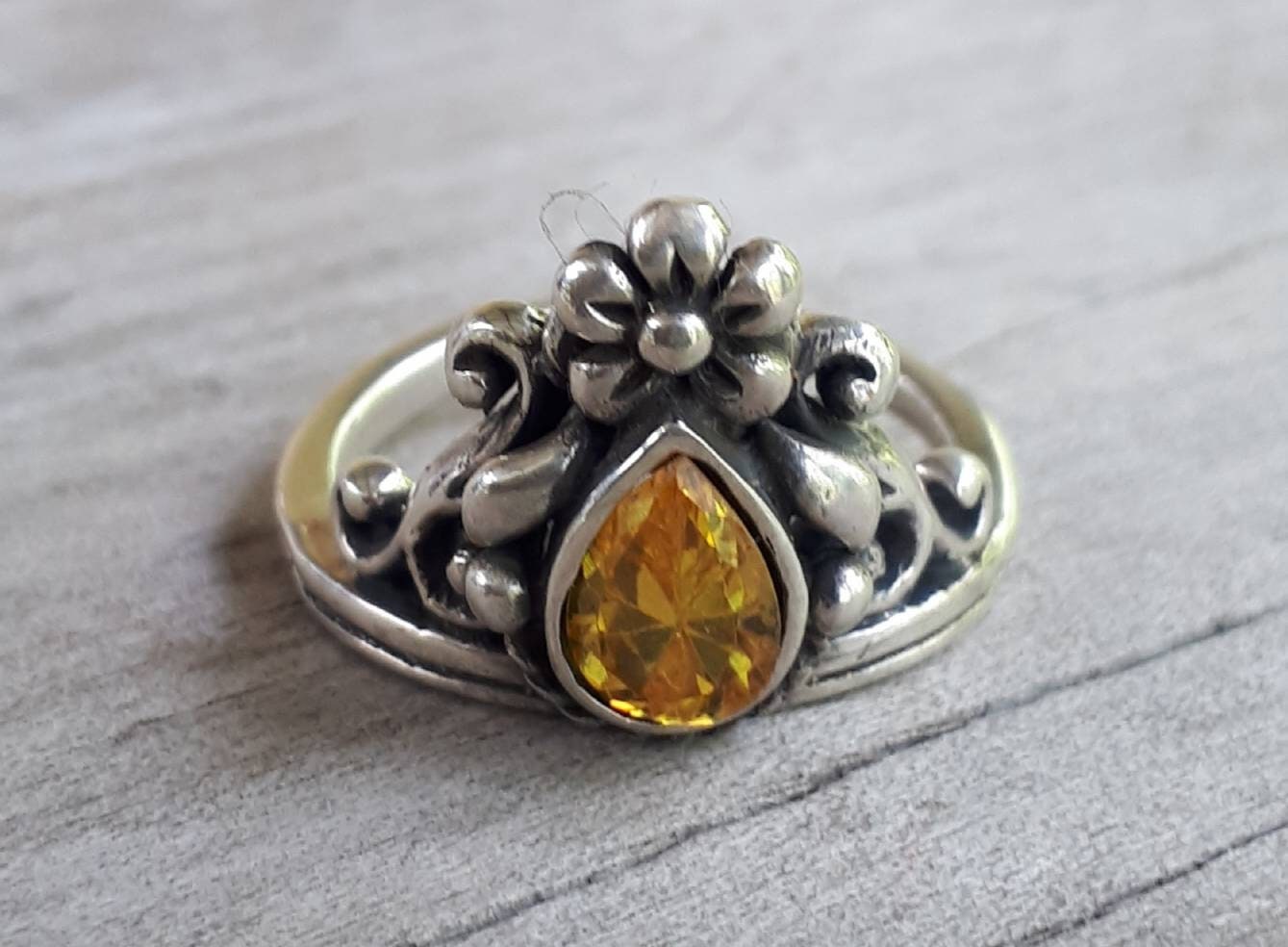 Orange stone,Flower ring,vintage scroll,sterling silver, cubic zirconia,art nouveau,long ring, victorian,boho,gypsy,handmade,crystal