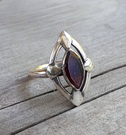 Garnet ring,sterling silver,long ring,marquee garnet, steampunk,gothic,handmade,art deco,stone ring, rockabilly,boho,gypsy,hipster,boho