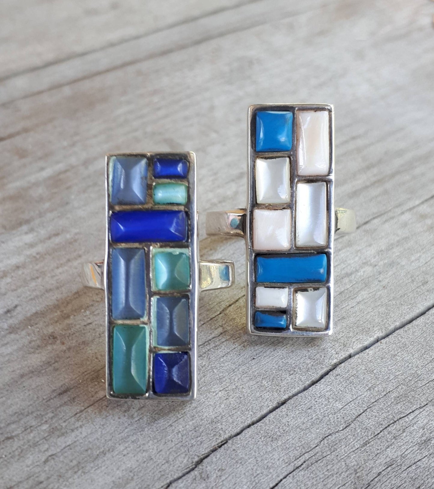 Long ring,mosaic,sterling silver,mother of pearl,turquoise ring,boho,goddess ring,new age,chunky ring,gypsy,large silver ring,stone ring,