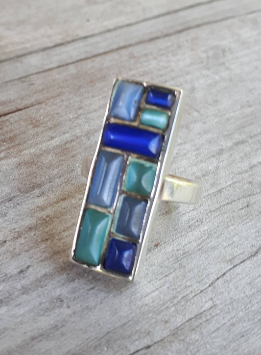 Long ring,mosaic,sterling silver,blue catseye,boho, goddess ring,new age,chunky ring,gypsy,large silver ring,stone ring,