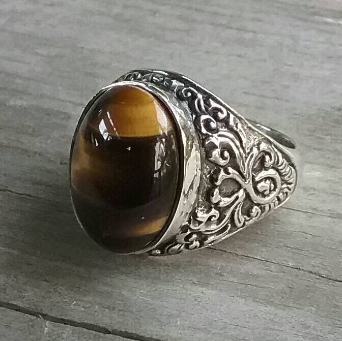 Brown tigers eye,sterling silver,wedding ring, stone ring,antique scroll ,vintage,hand made,vintage,rustic,boho