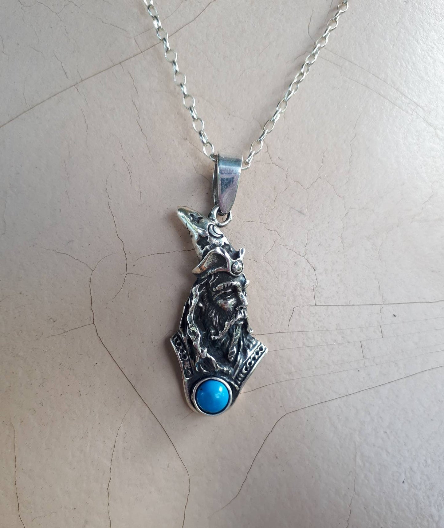 wizard pendant,turquoise,sterling silver,merlin,magician,fantasy, mythical,gothic,punk,Dumbledore,witch