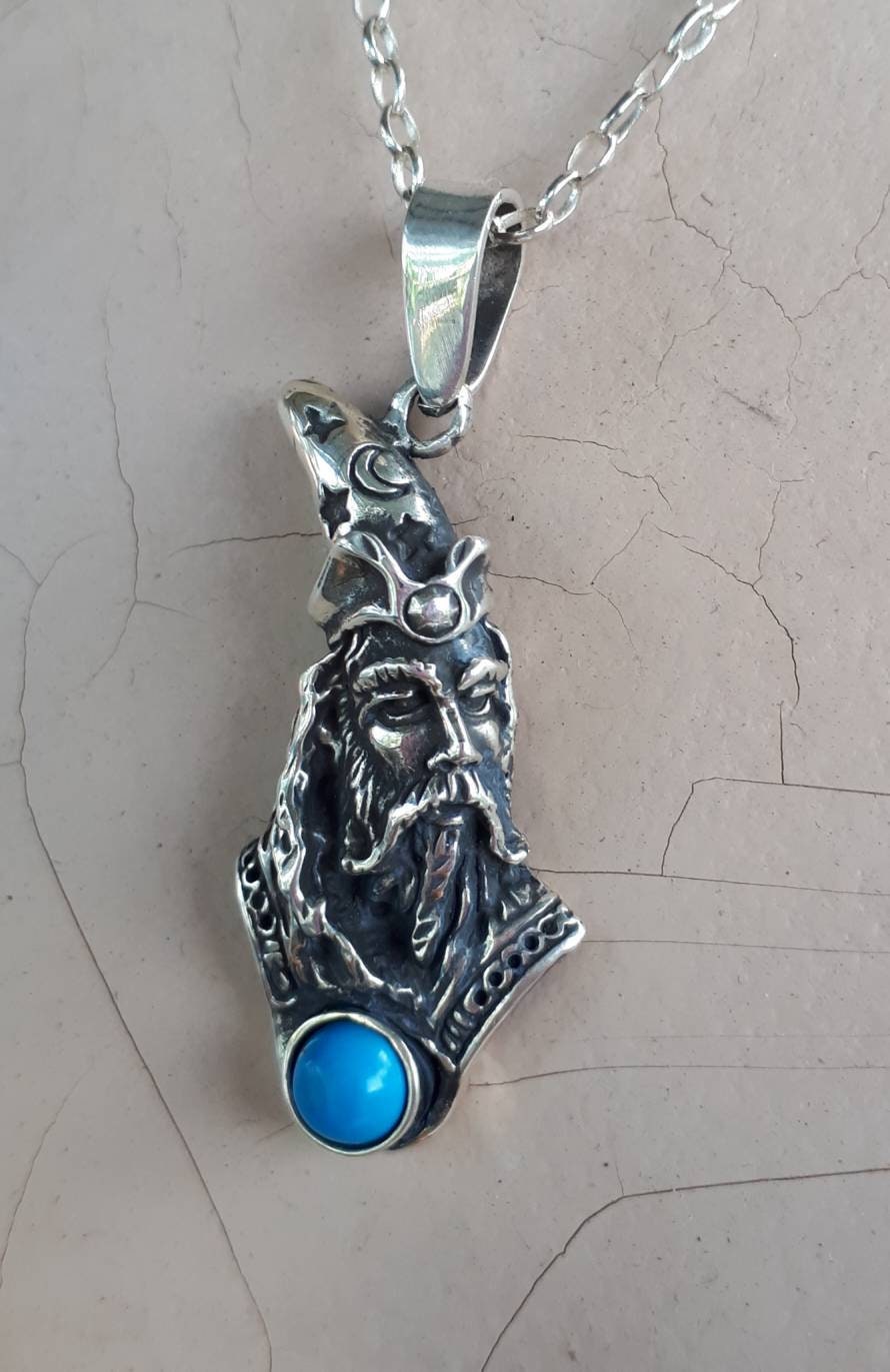 wizard pendant,turquoise,sterling silver,merlin,magician,fantasy, mythical,gothic,punk,Dumbledore,witch