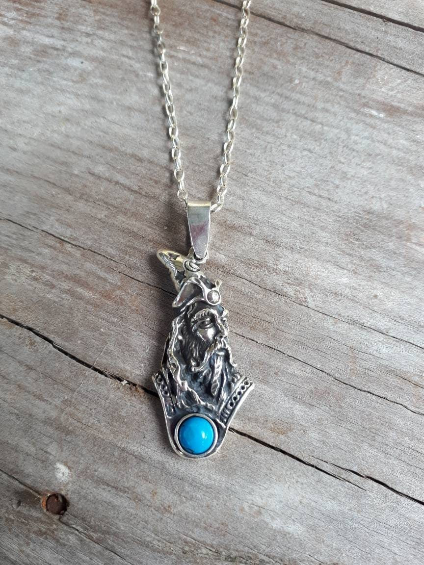 wizard pendant,turquoise,sterling silver,merlin,magician,fantasy, mythical,gothic,punk,Dumbledore,witch