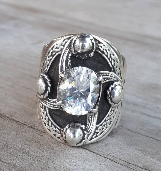 Chunky ring,sterling silver,cubic zirconia,celtic ring,medieval,tribal,vintage,large silver ring,shield,steampunk,celtic shield,vintage ring