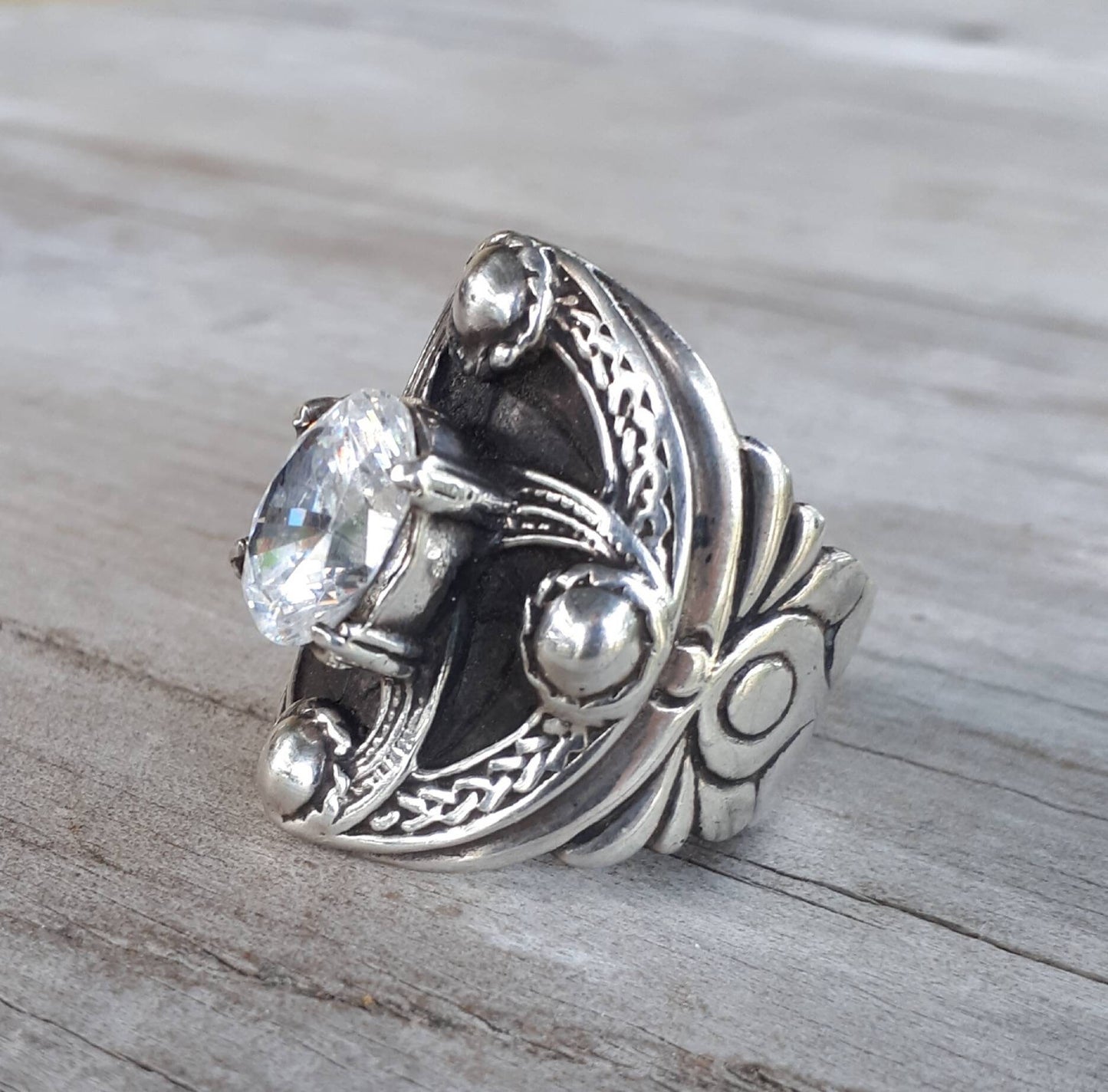 Chunky ring,sterling silver,cubic zirconia,celtic ring,medieval,tribal,vintage,large silver ring,shield,steampunk,celtic shield,vintage ring