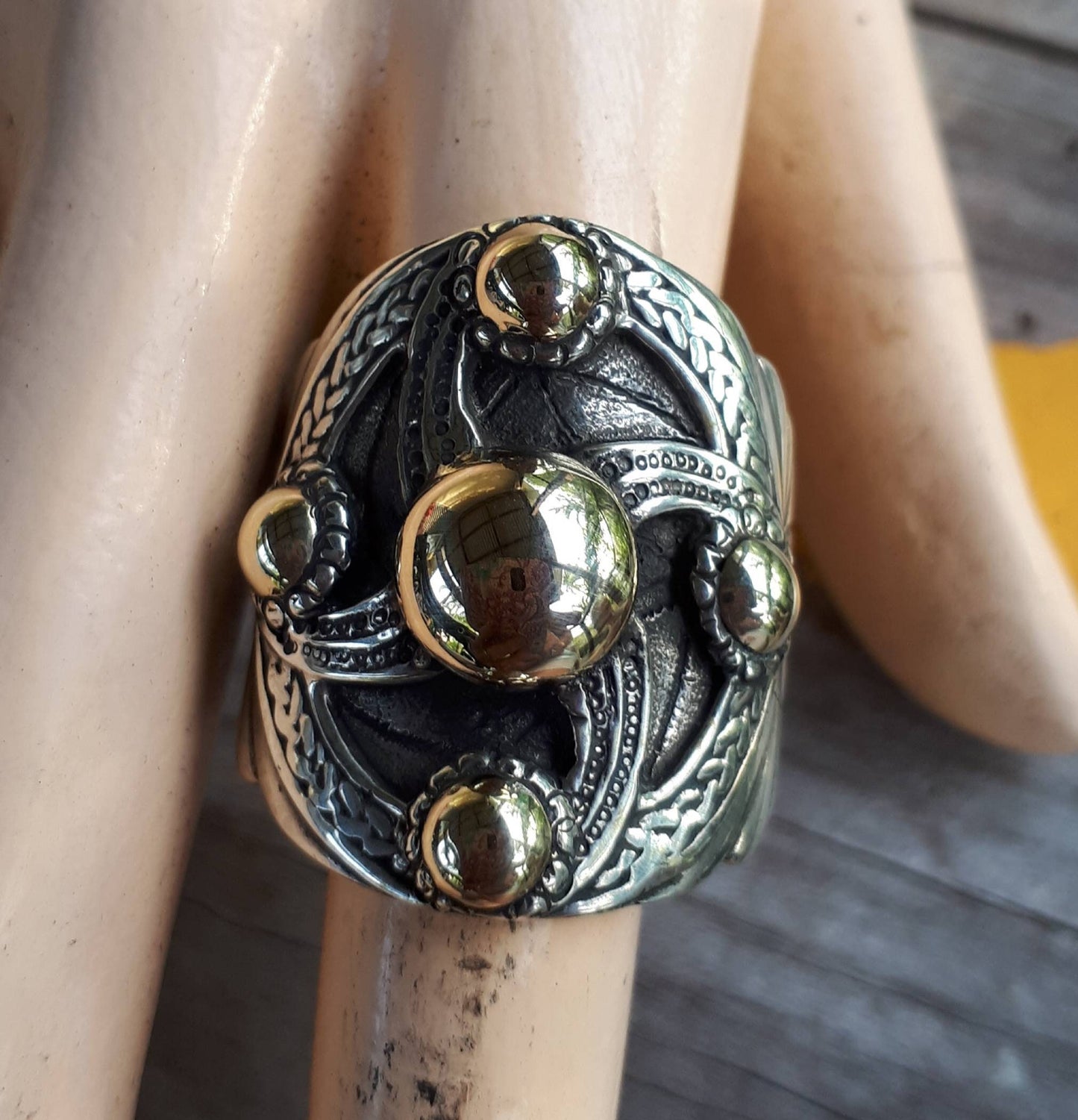 Two tone ring,sterling silver with 9ct gold,celtic ring,medieval,tribal,vintage,large ring,shield,steampunk,celtic shield,vintage ring