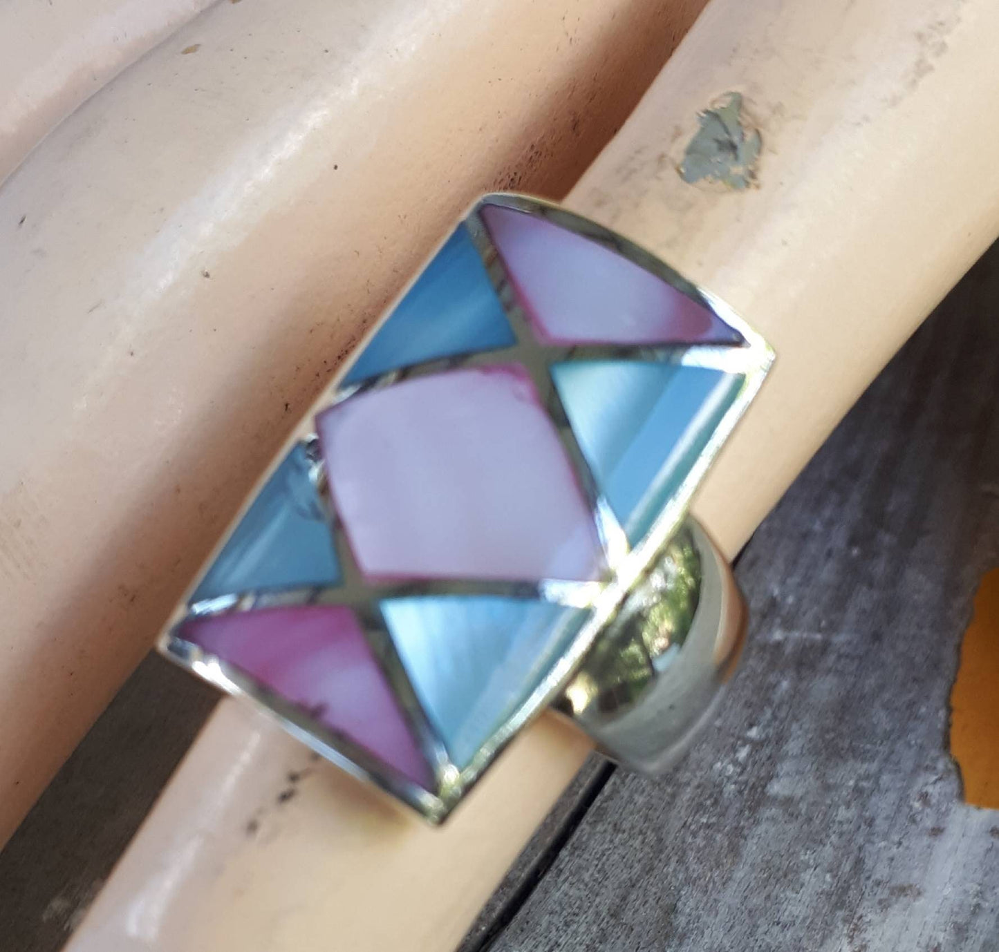 Long ring,inlay,sterling silver, mother of pearl inlay,boho, goddess ring,new age,shell ring,mosaic,chunky ring,gypsy,large silver ring,