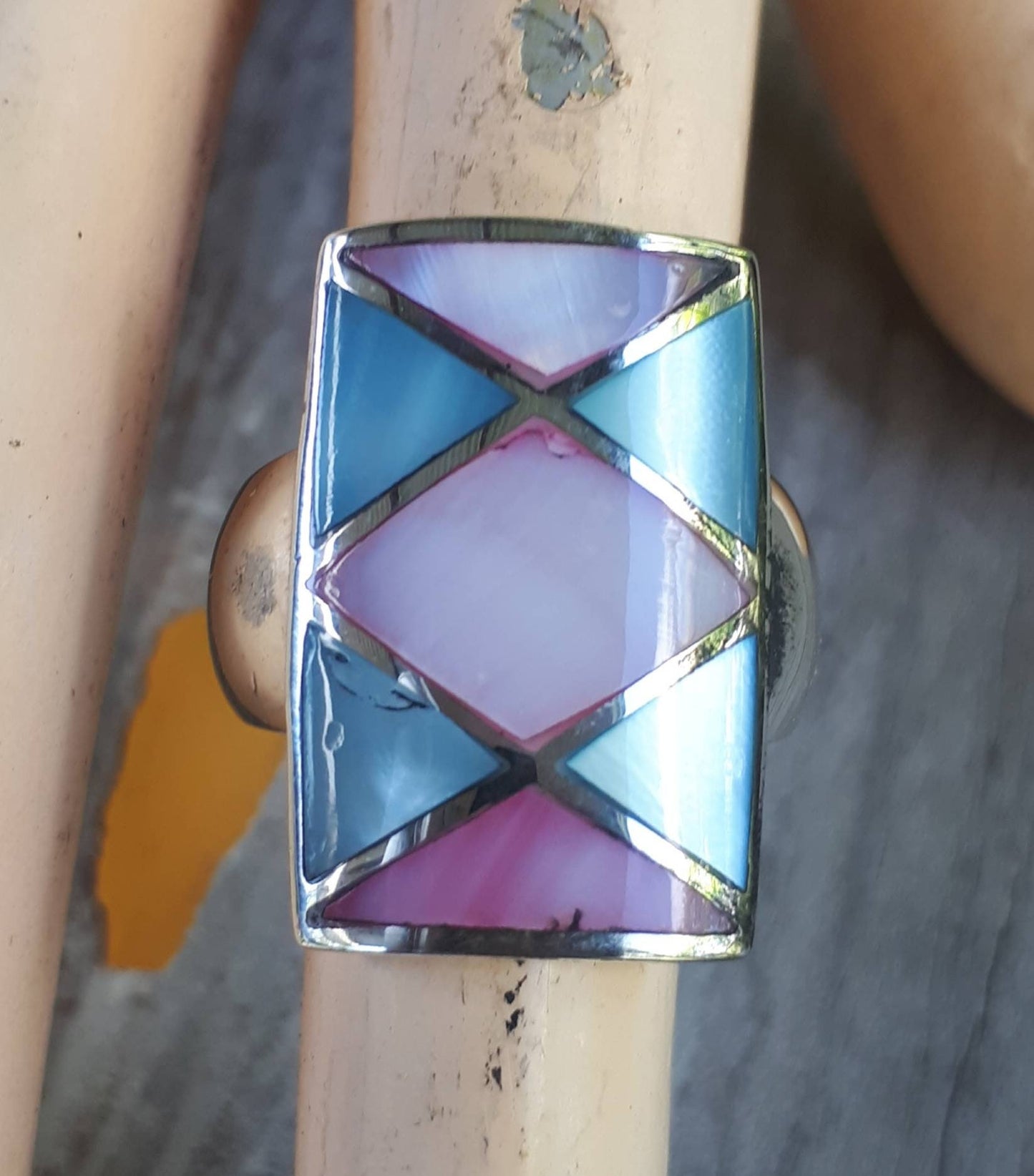 Long ring,inlay,sterling silver, mother of pearl inlay,boho, goddess ring,new age,shell ring,mosaic,chunky ring,gypsy,large silver ring,