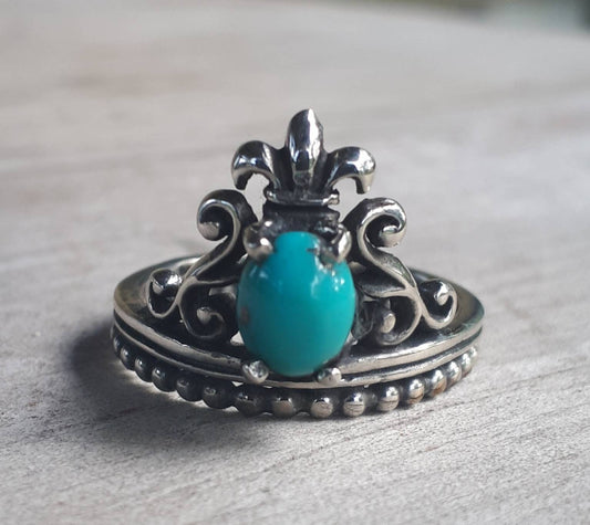 Turquoise ring,vintage scroll,sterling silver,fluer d lil crown,steampunk,art nouveau,long ring, victorian,boho,gypsy,handmade,crystal