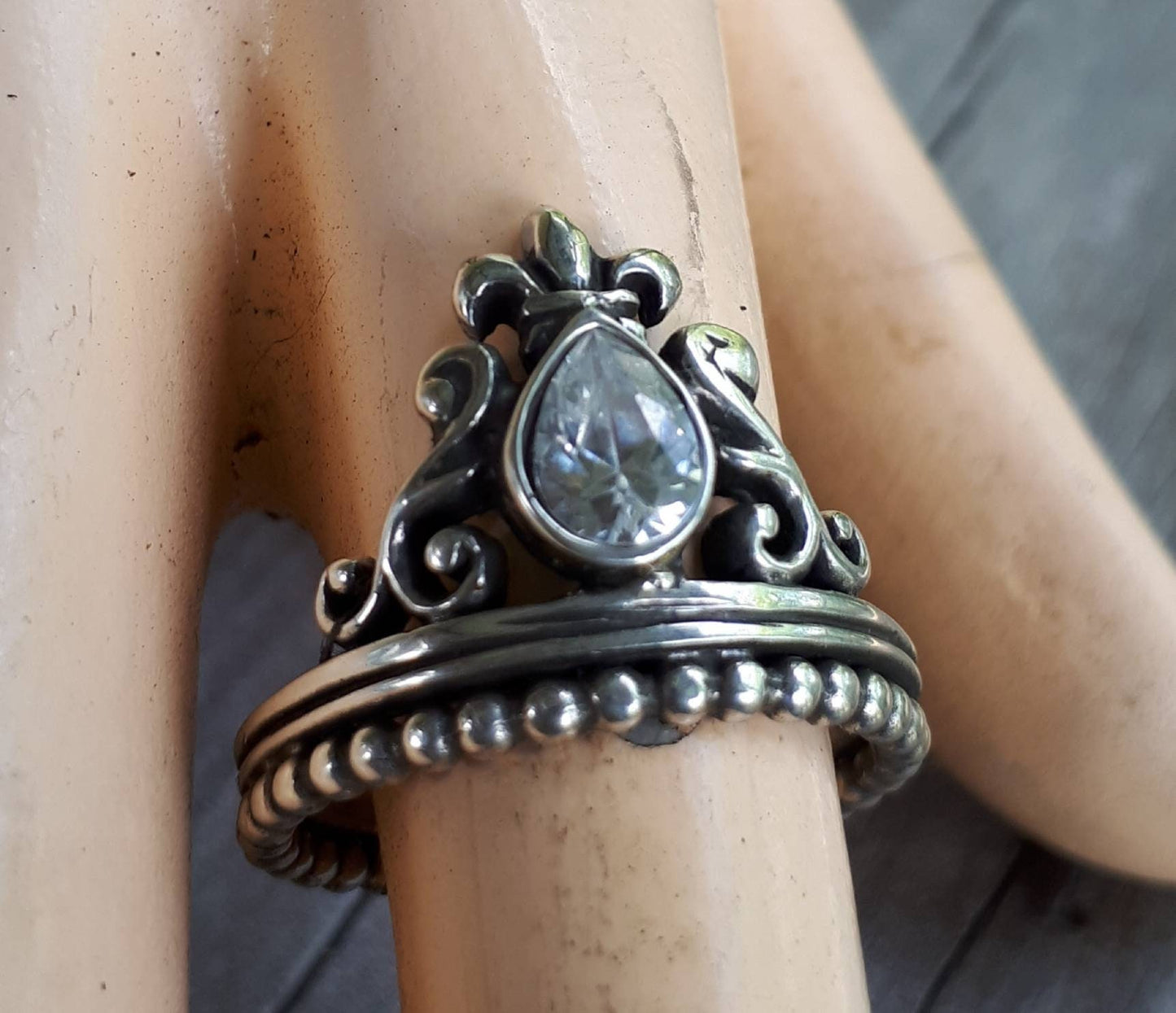 Crown ring,vintage scroll,sterling silver,cubic zirconia,art nouveau,long ring, white cz, victorian,boho,gypsy,handmade,grunge,crystal