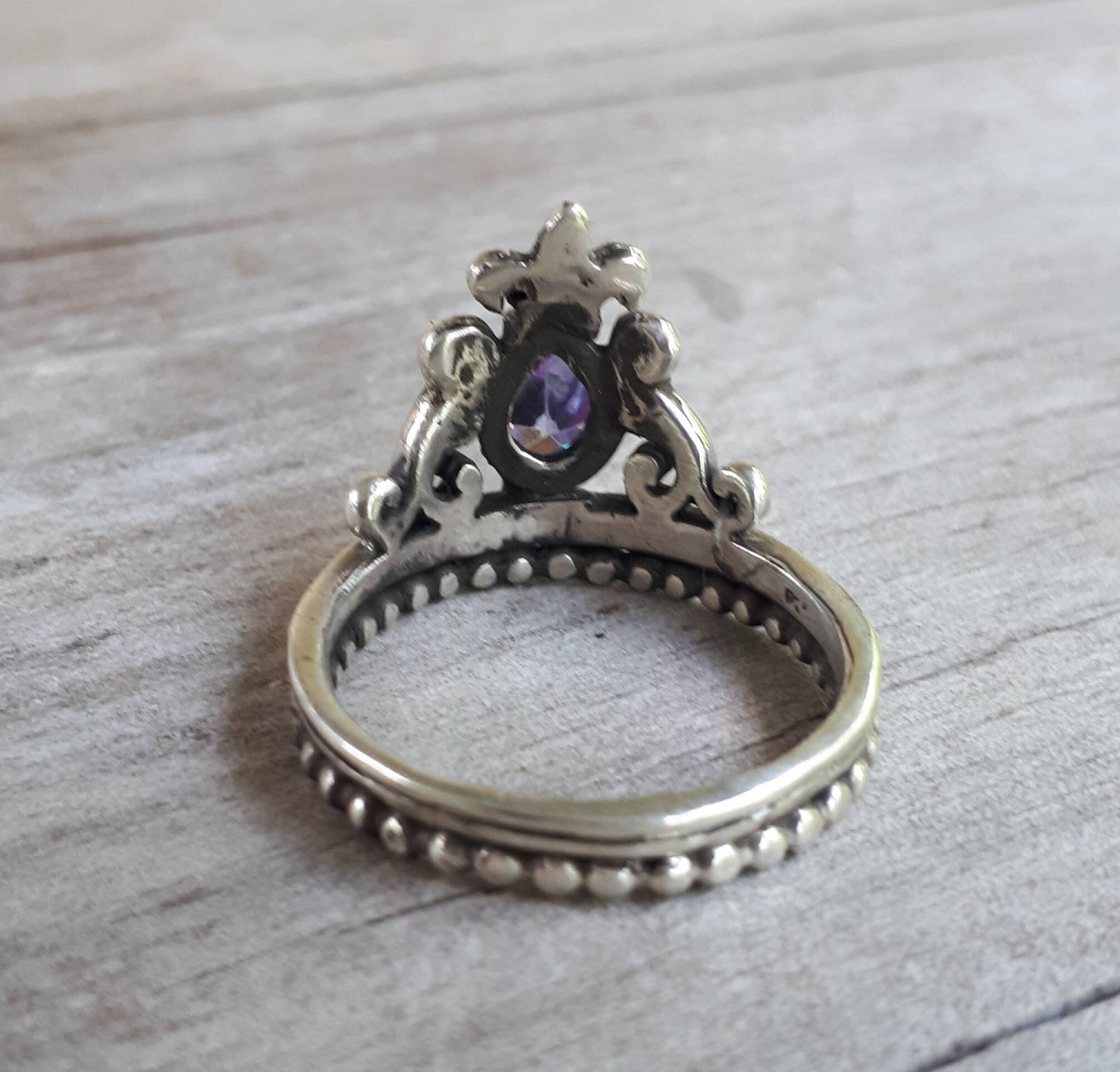 Crown ring,vintage scroll,sterling silver,cubic zirconia,art nouveau,long ring, white cz,new age,goddess,boho,gypsy,handmade,crystal,