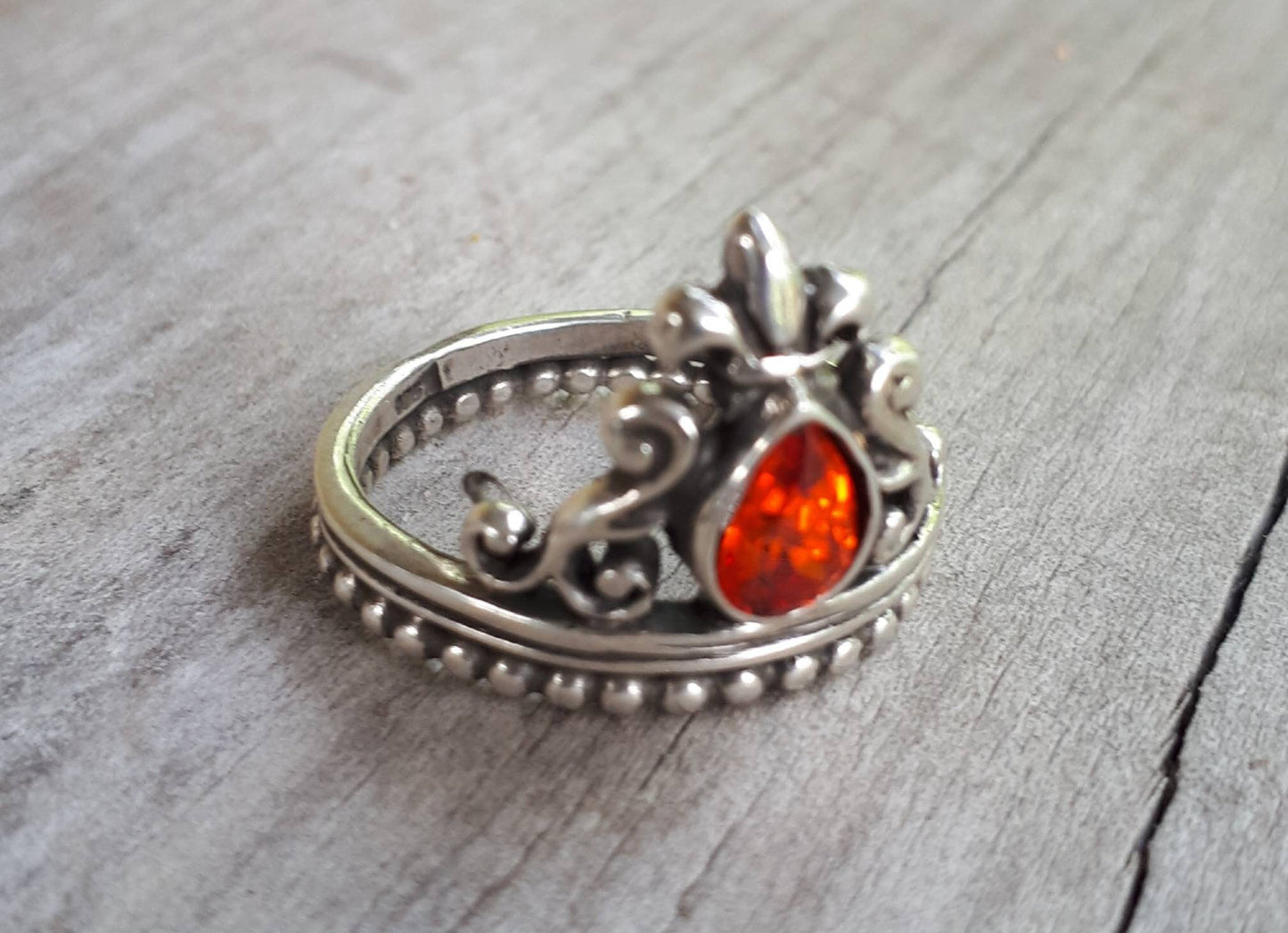 Crown ring,vintage scroll,sterling silver,cubic zirconia,art nouveau,long ring, white cz,new age,goddess,boho,gypsy,handmade,crystal,