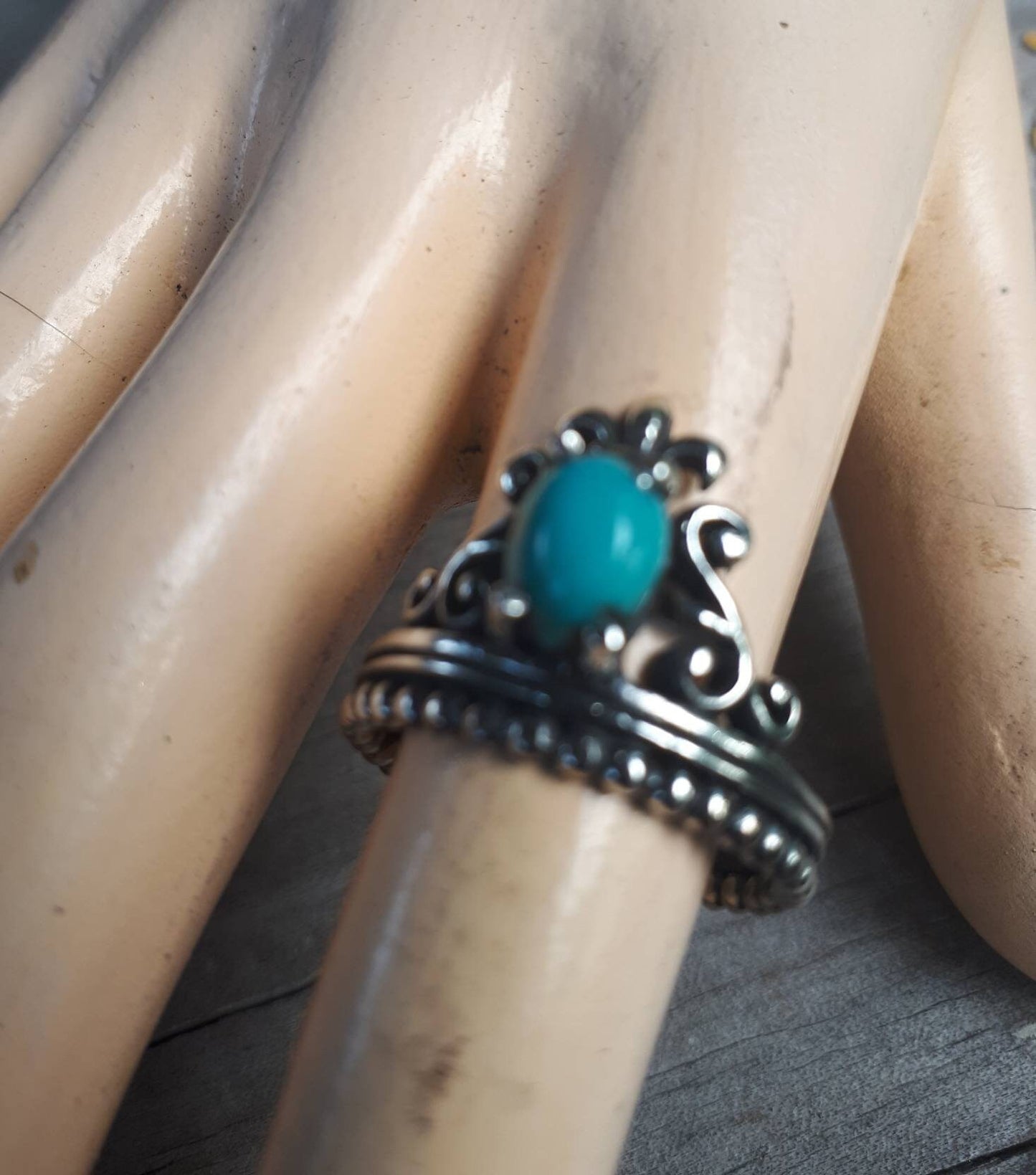 Turquoise ring,vintage scroll,sterling silver,fluer d lil crown,steampunk,art nouveau,long ring, victorian,boho,gypsy,handmade,crystal