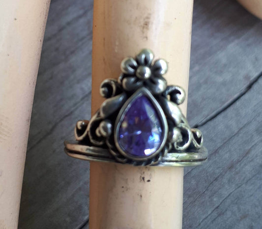 Flower ring,vintage scroll,sterling silver,purple cubic zirconia,art nouveau,long ring,lavender cz, victorian,boho,gypsy,handmade,crystal