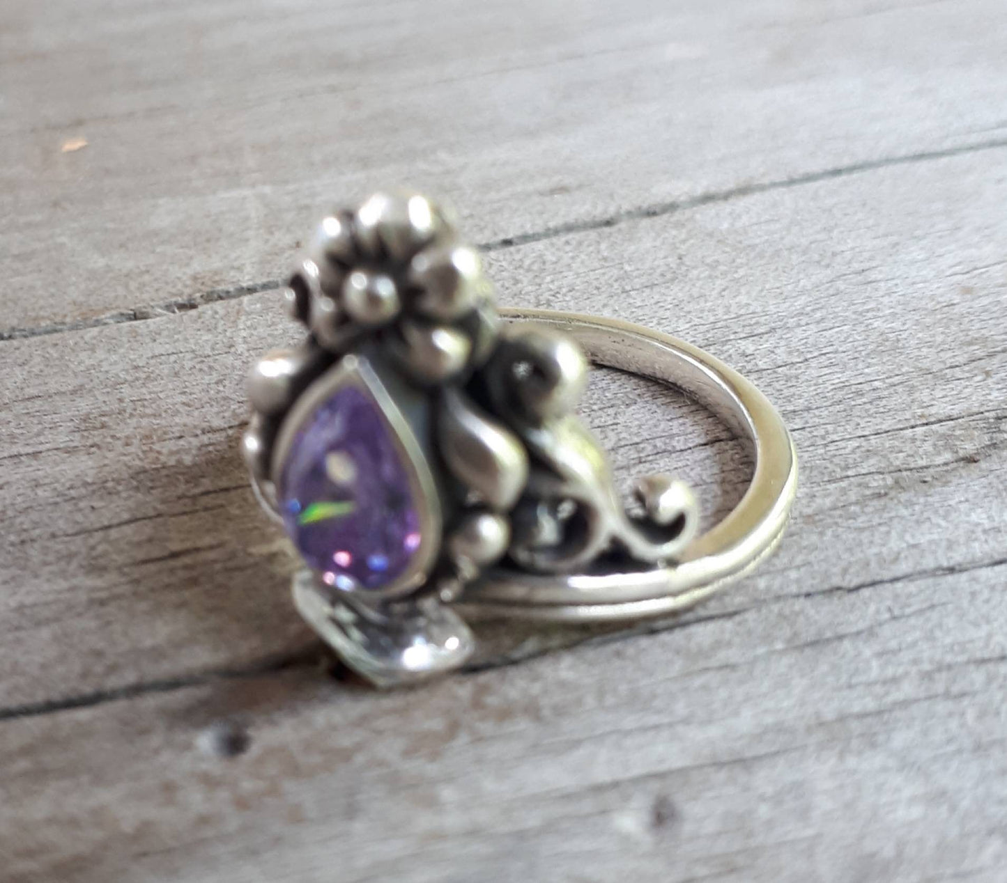 Flower ring,vintage scroll,sterling silver,purple cubic zirconia,art nouveau,long ring,lavender cz, victorian,boho,gypsy,handmade,crystal