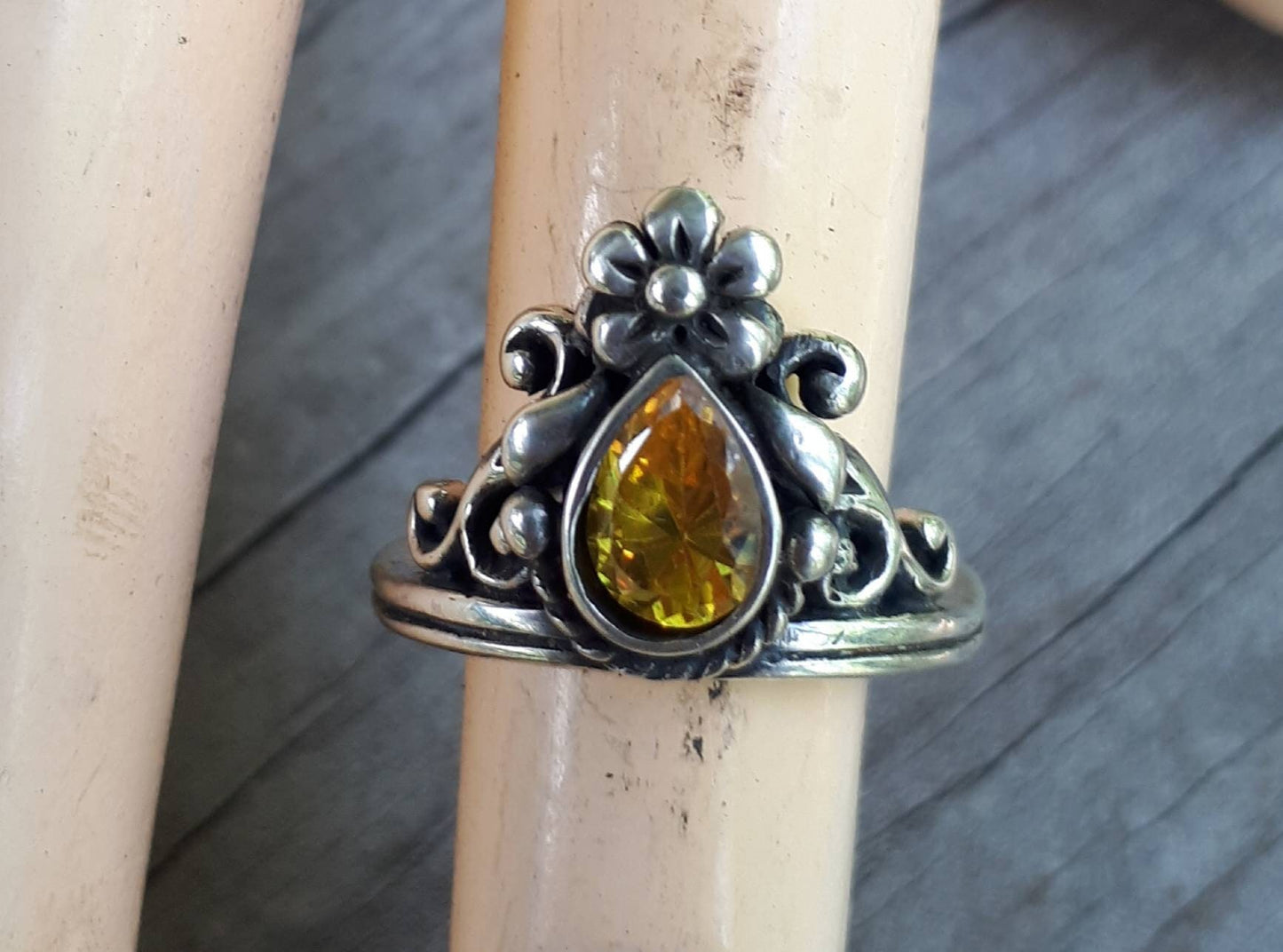 Orange stone,Flower ring,vintage scroll,sterling silver, cubic zirconia,art nouveau,long ring, victorian,boho,gypsy,handmade,crystal