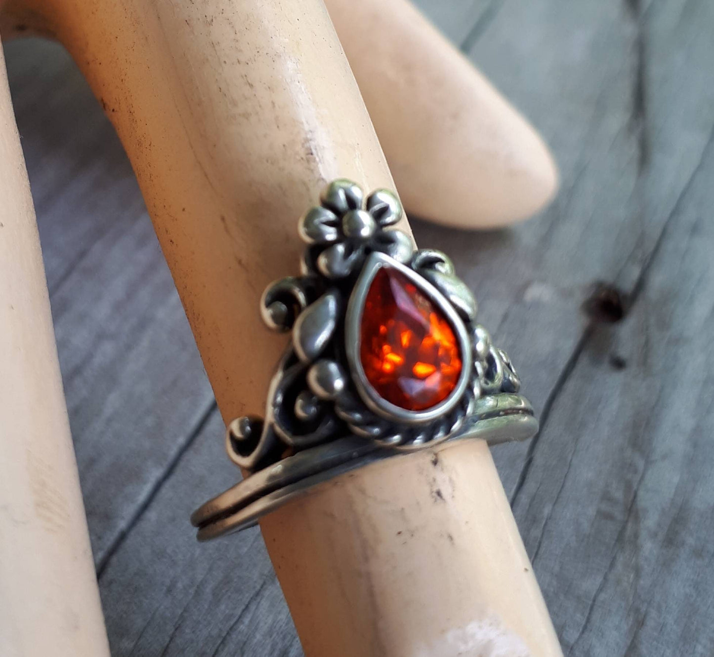 Orange stone,Flower ring,vintage scroll,sterling silver, cubic zirconia,art nouveau,long ring, victorian,boho,gypsy,handmade,crystal