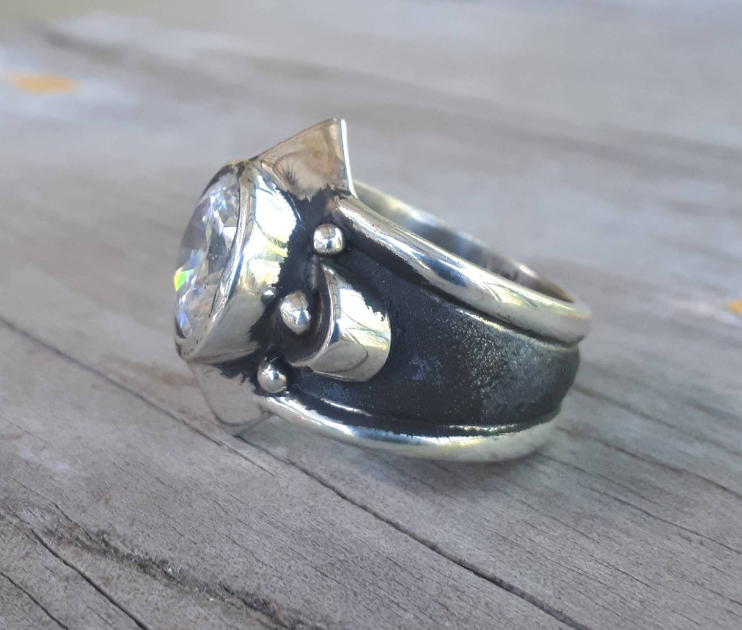 Chunky cz ring,sterling silver,cubic zirconia,steampunk,medieval,tribal,industrial,large silver ring,mans stone ring,unisex ring,