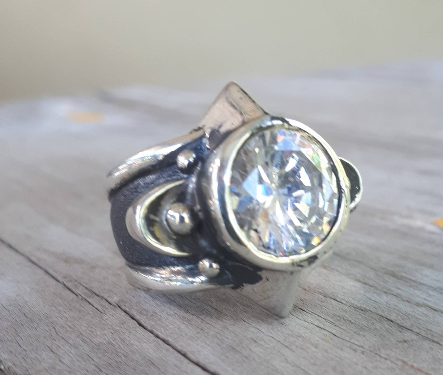 Chunky ring,sterling silver,cubic zirconia,steampunk,medieval,tribal,industrial,large silver ring,mans stone ring,unisex ring,