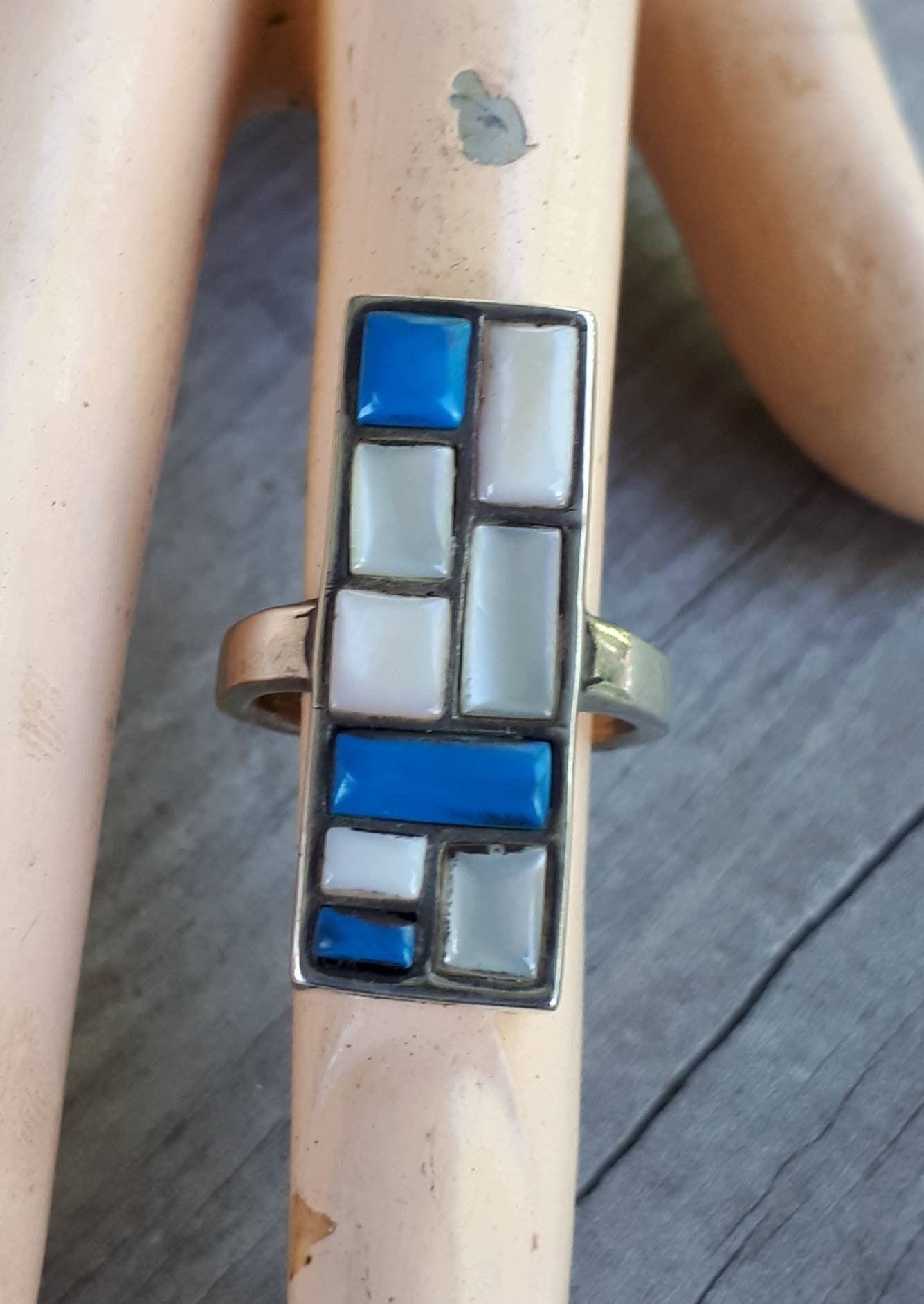 Long ring,mosaic,sterling silver,mother of pearl,turquoise ring,boho,goddess ring,new age,chunky ring,gypsy,large silver ring,stone ring,