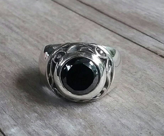 Black Cz ring,cubic zirconia,sterling silver,chunky ring, ornate,bespoke,scroll,vintage,black stone ring,hipster,handmade,boho,celtic,onyx