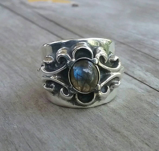 labradorite ring,heavy ring, sterling,wide silver ring,boho,goddess,chunky ring,steampunk,scroll,victorian,antique, handmade,labrodite