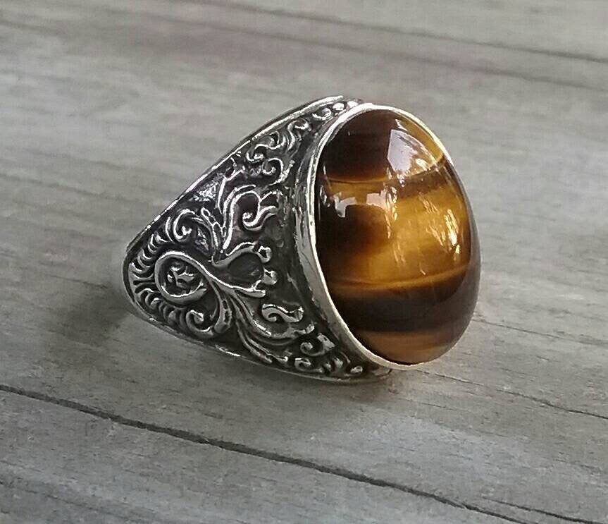 Brown tigers eye,sterling silver,wedding ring, stone ring,antique scroll ,vintage,hand made,vintage,rustic,boho