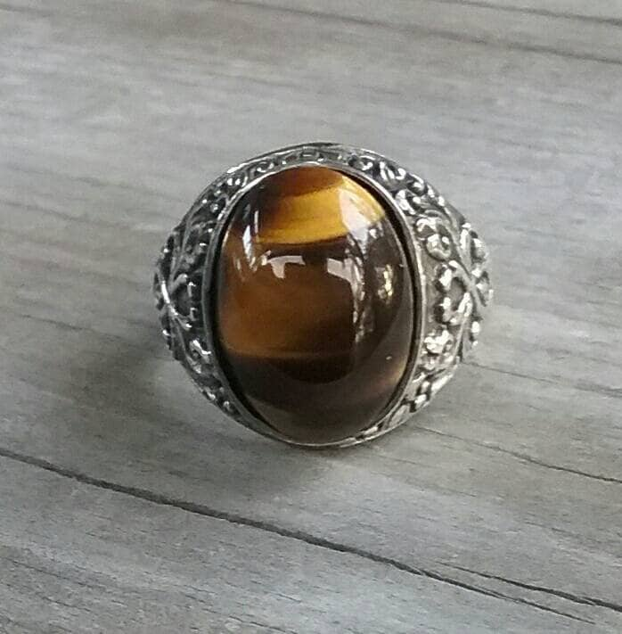 Brown tigers eye,sterling silver,wedding ring, stone ring,antique scroll ,vintage,hand made,vintage,rustic,boho