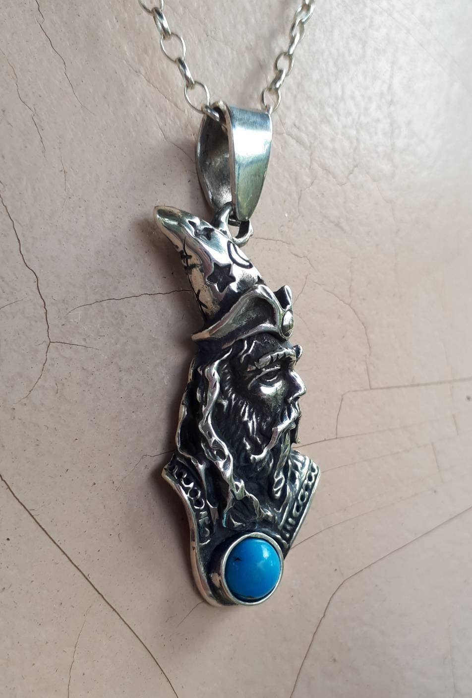 wizard pendant,turquoise,sterling silver,merlin,magician,fantasy, mythical,gothic,punk,Dumbledore,witch