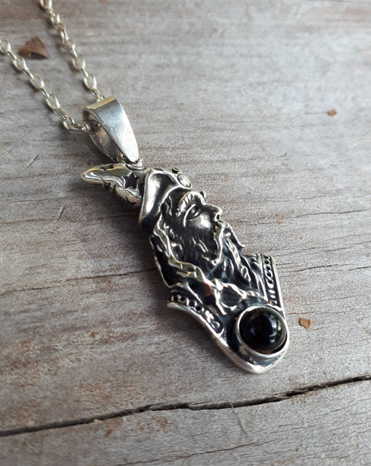 wizard pendant,onyx,sterling silver,merlin,magician,fantasy, mythical,gothic,punk,witch