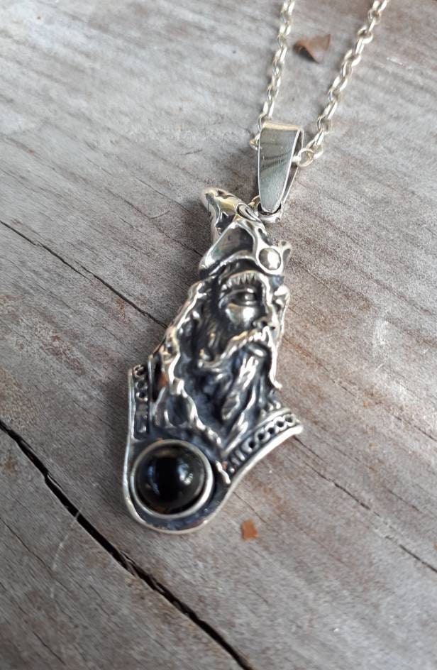 wizard pendant,onyx,sterling silver,merlin,magician,fantasy, mythical,gothic,punk,witch