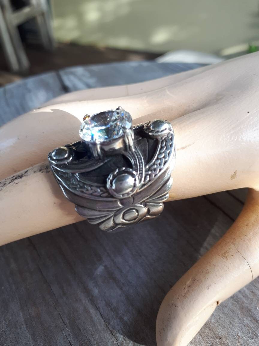 Chunky ring,sterling silver,cubic zirconia,celtic ring,medieval,tribal,vintage,large silver ring,shield,steampunk,celtic shield,vintage ring