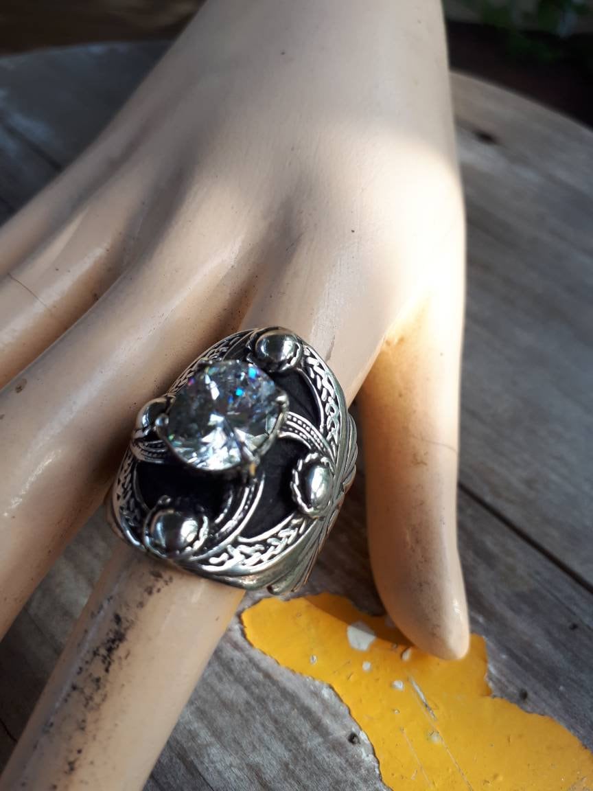 Chunky ring,sterling silver,cubic zirconia,celtic ring,medieval,tribal,vintage,large silver ring,shield,steampunk,celtic shield,vintage ring