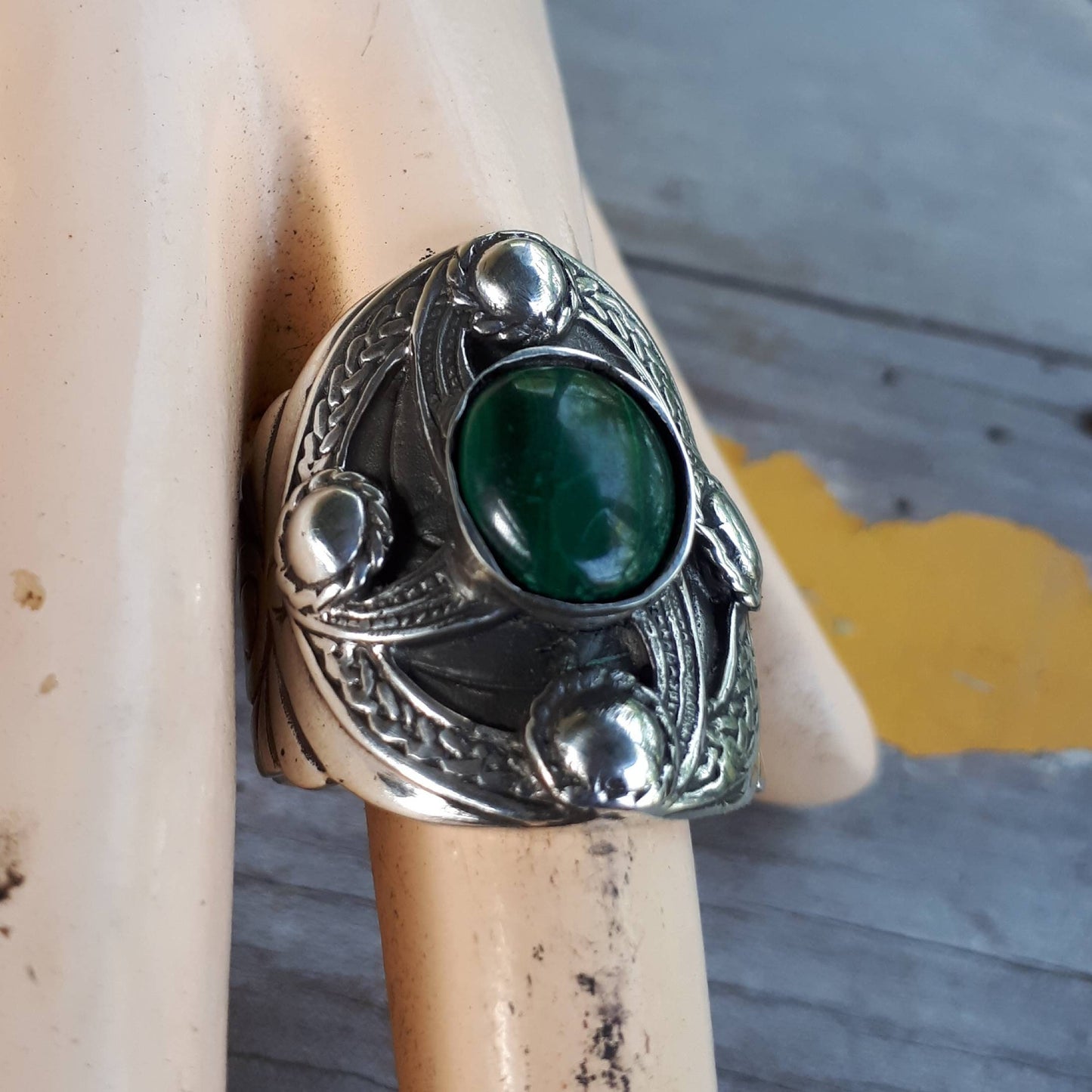 Chunky ring,sterling silver,malachite,celtic ring,medieval,tribal,vintage,large silver ring,shield,steampunk,celtic shield,green stone ring