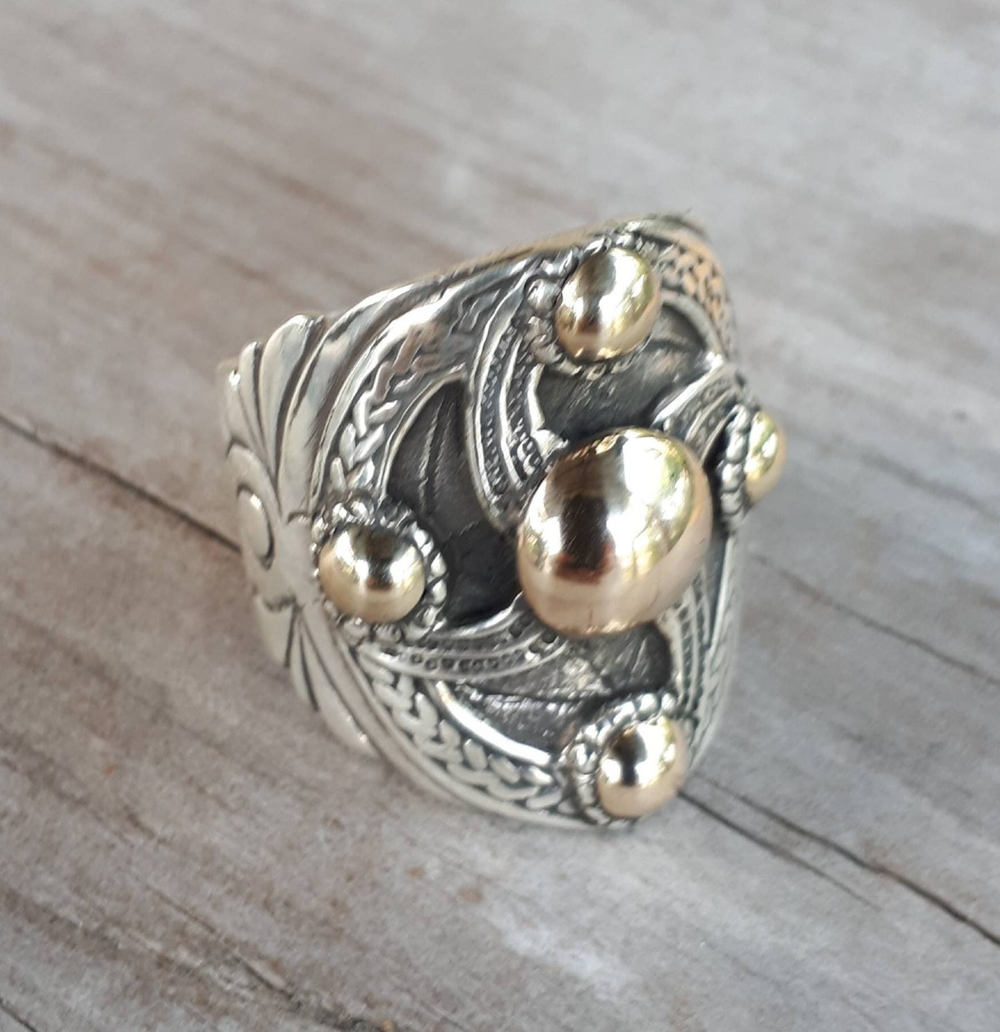 Two tone ring,sterling silver with 9ct gold,celtic ring,medieval,tribal,vintage,large ring,shield,steampunk,celtic shield,vintage ring