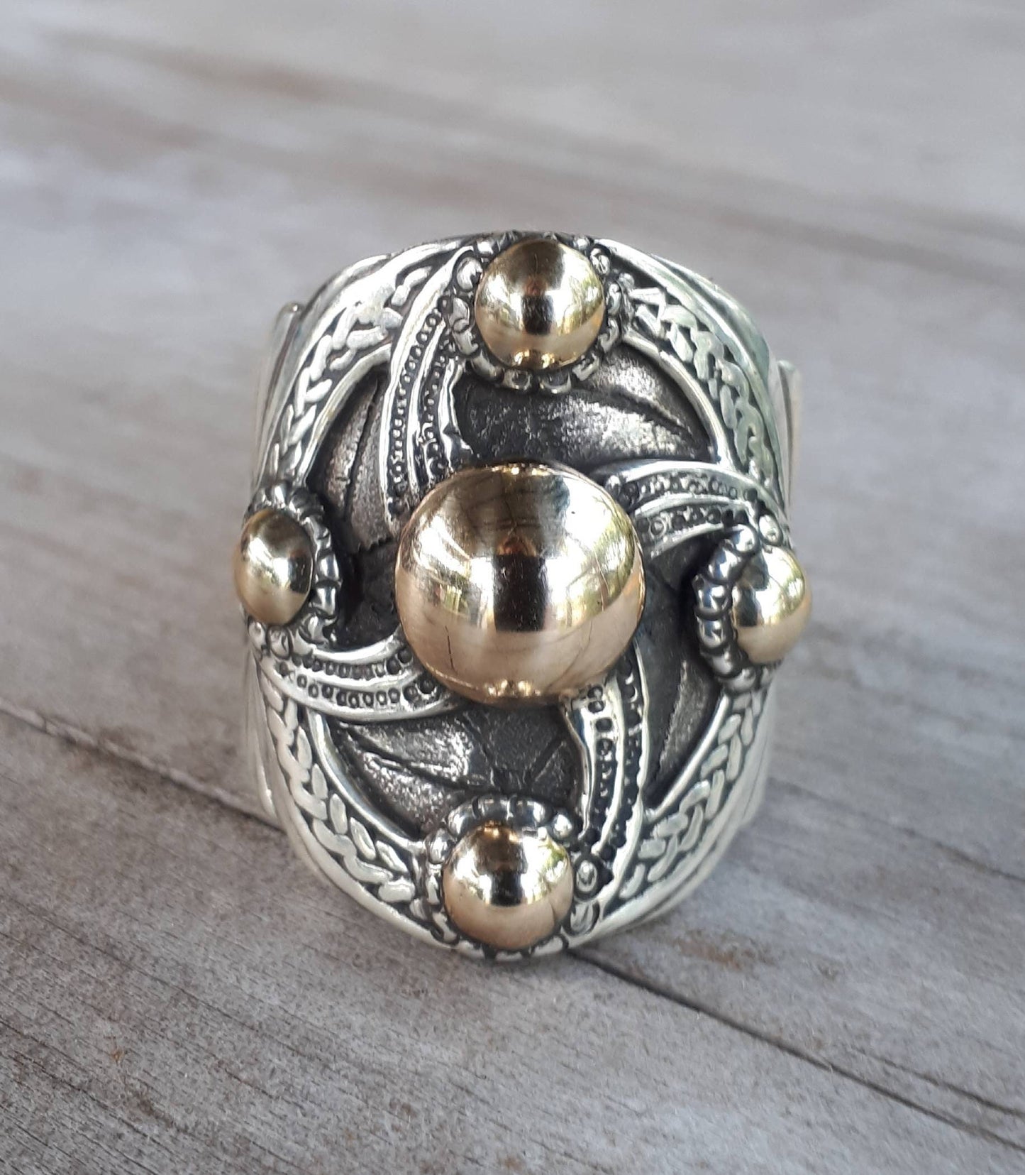 Two tone ring,sterling silver with 9ct gold,celtic ring,medieval,tribal,vintage,large ring,shield,steampunk,celtic shield,vintage ring