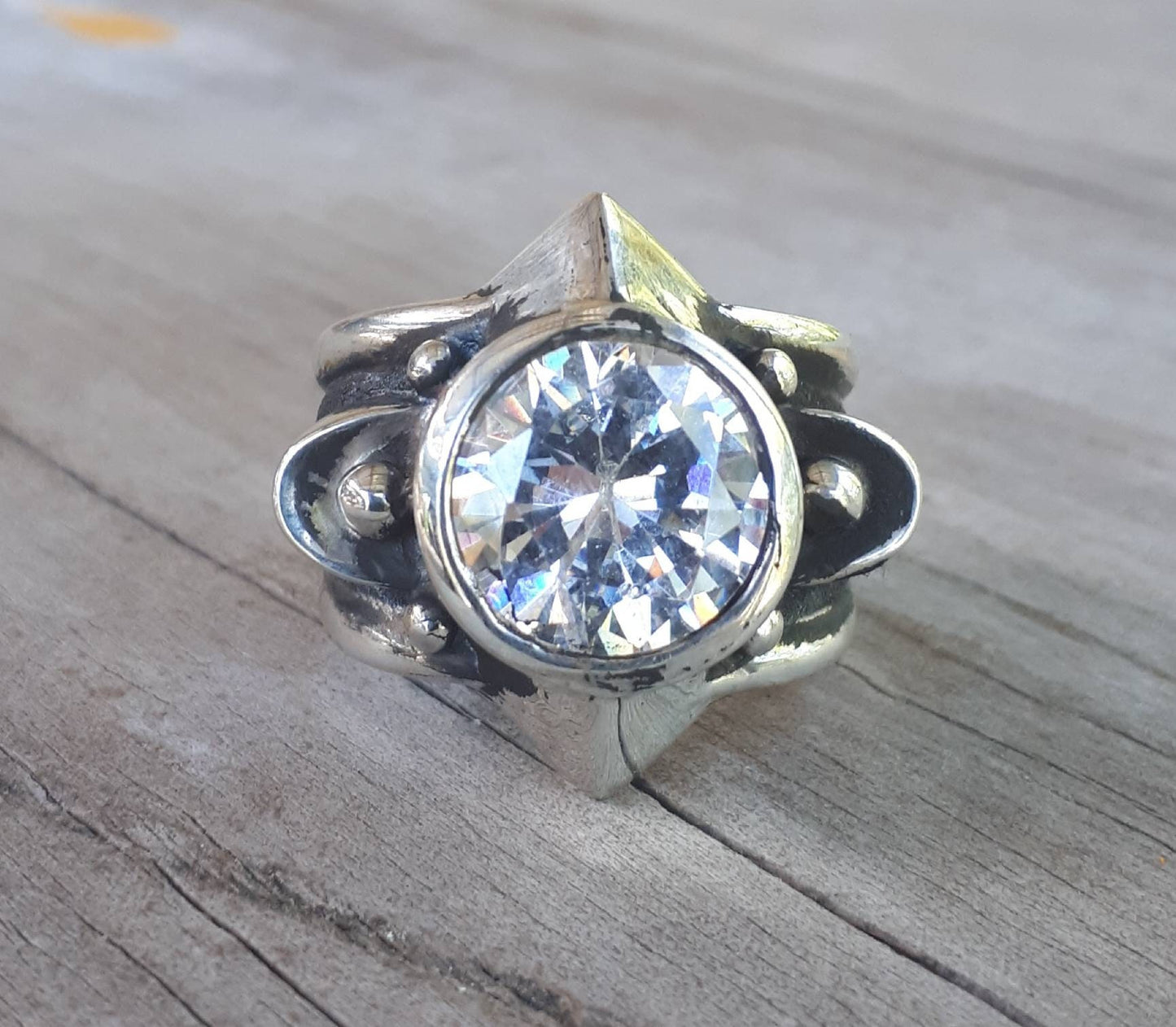 Chunky cz ring,sterling silver,cubic zirconia,steampunk,medieval,tribal,industrial,large silver ring,mans stone ring,unisex ring,