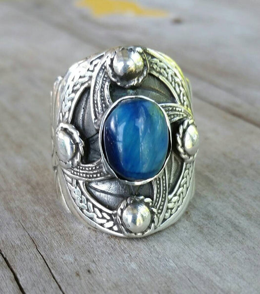 Chunky ring,sterling silver,blue tiger eye,celtic ring,medieval,tribal,vintage,large silver ring,shield,steampunk,celtic shield,