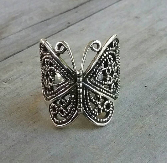 butterfly filegree ring,boho,sterling silver,filegree,long ring,vintage,art nouveau,handmade,women's fashion,rockabilly,shabby chic,goddess,