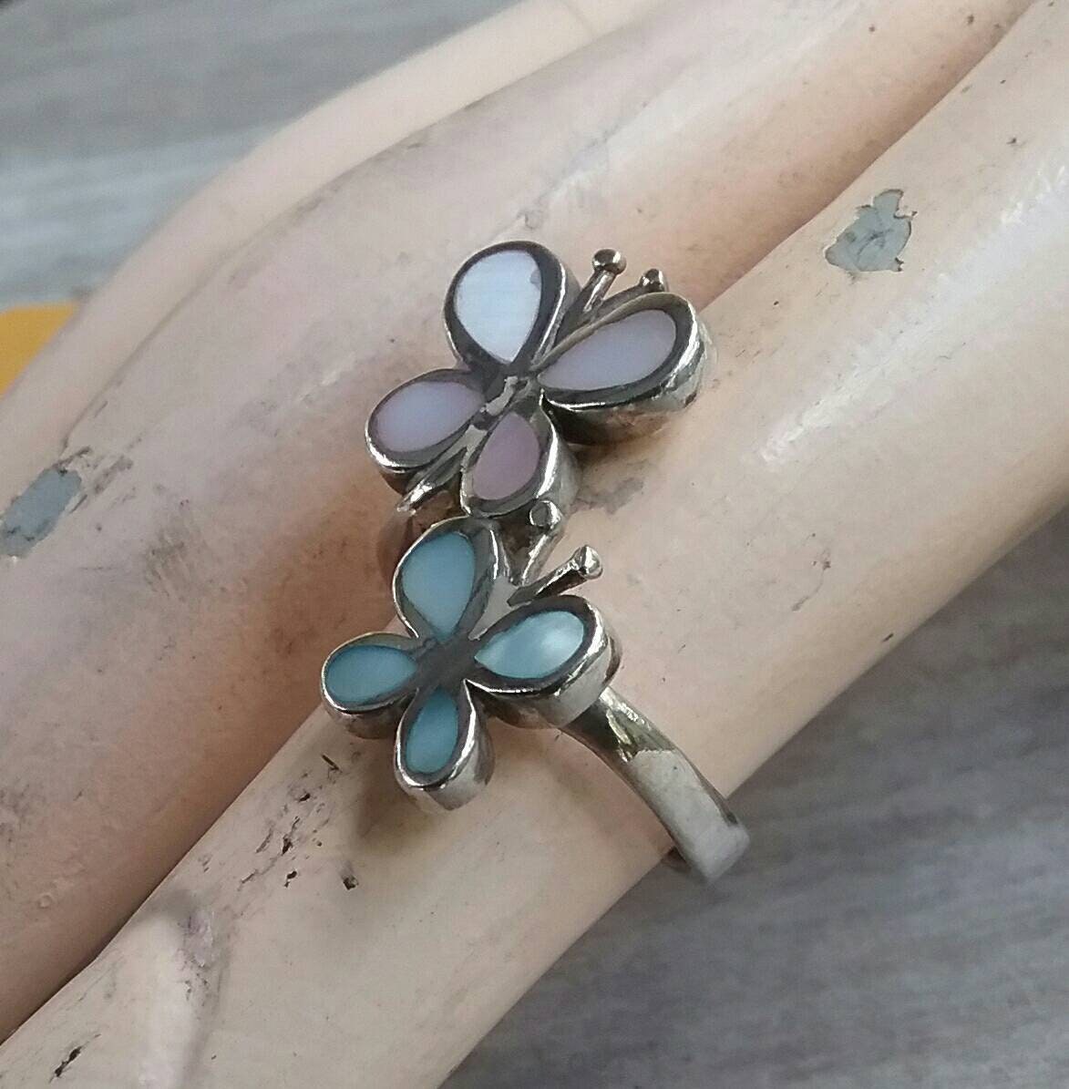 Butterfly ring,sterling silver,mother of pearl,inlay,shell, paua,abalone,handmade,goddess,boho,art nouveau,retro,long ring,